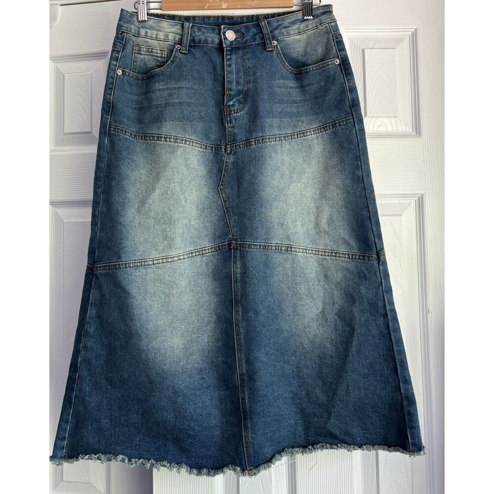 Be-Girl Denim Midi A Line Skirt Medium Wash W Lighter Areas Raw Hem Size M